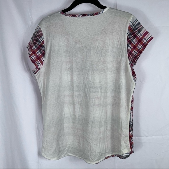 Van Heusen Blouse Short Cap Sleeve Scoop neck V-Cut out Plaid Striped Casual Top - Picture 8 of 9
